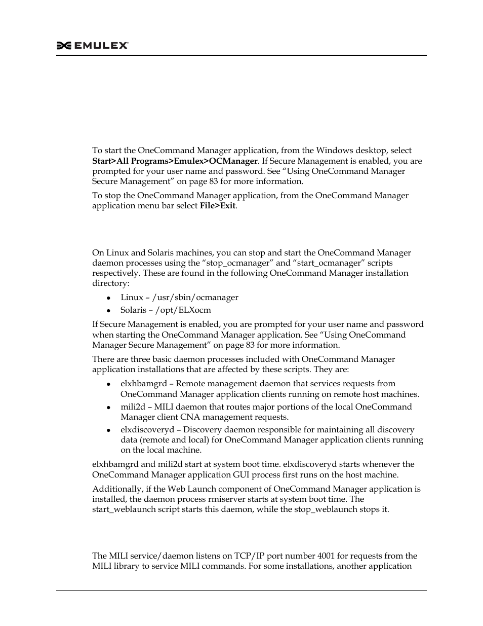 In windows, In linux and solaris, Changing mili tcp/ip port | Dell Emulex Family of Adapters User Manual | Page 75 / 1815