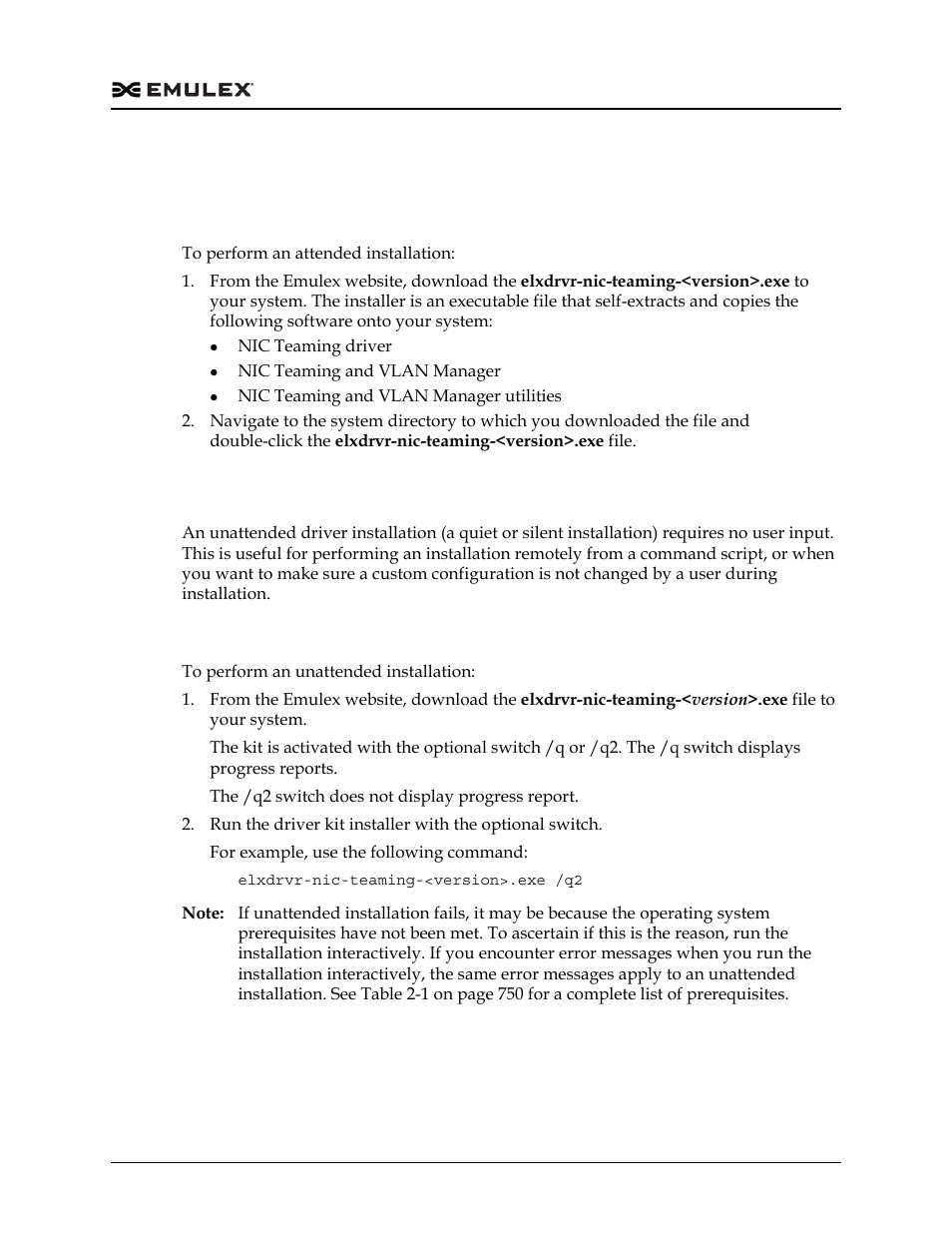Attended installation, Procedure, Unattended installation | Attended installation unattended installation | Dell Emulex Family of Adapters User Manual | Page 751 / 1815