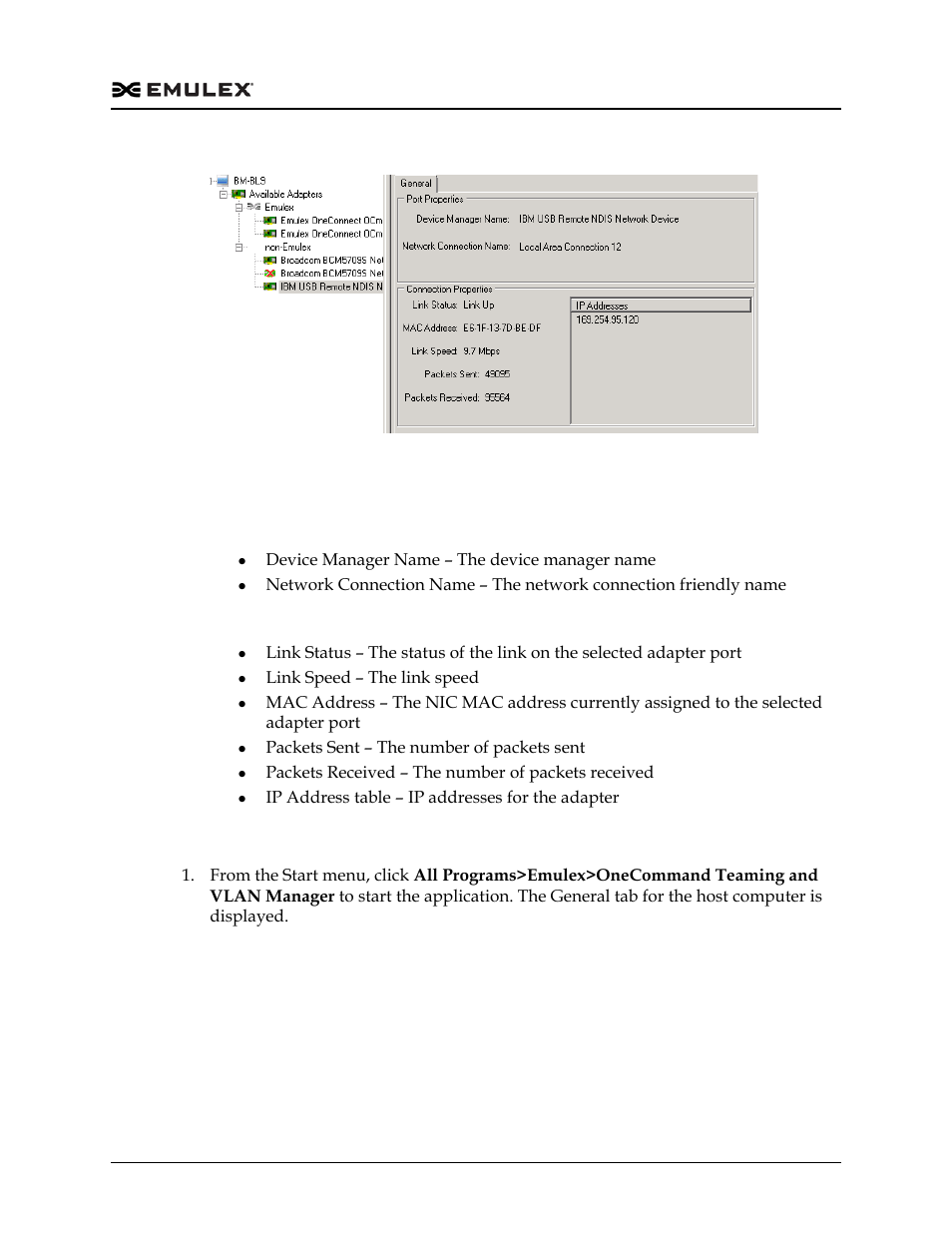 General tab for an adapter - field definitions, Viewing general information for a team, Figure 3-5 | Dell Emulex Family of Adapters User Manual | Page 759 / 1815