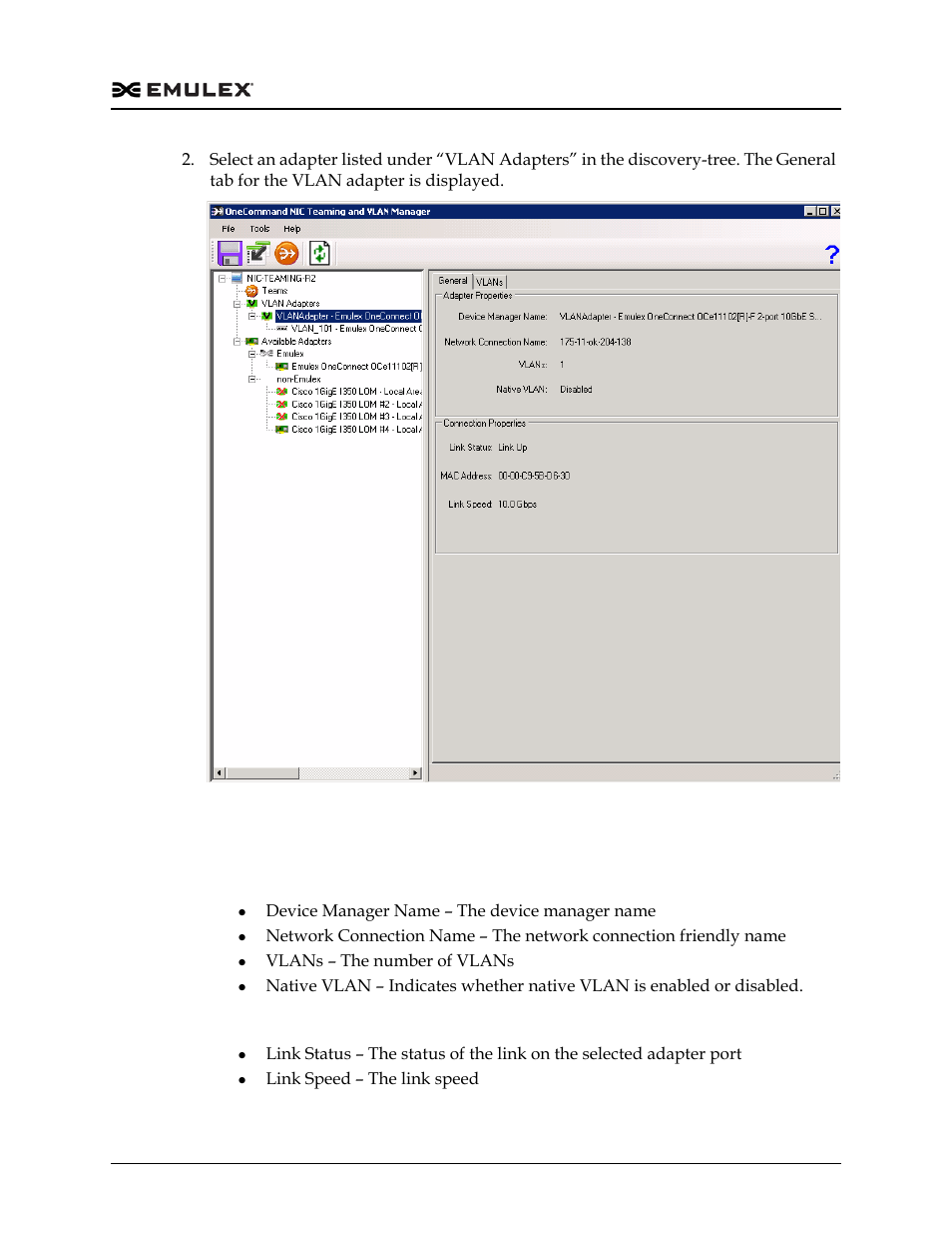 General tab for a vlan adapter - field definitions, Figure 3-8, Adapter properties area | Connection properties area | Dell Emulex Family of Adapters User Manual | Page 763 / 1815