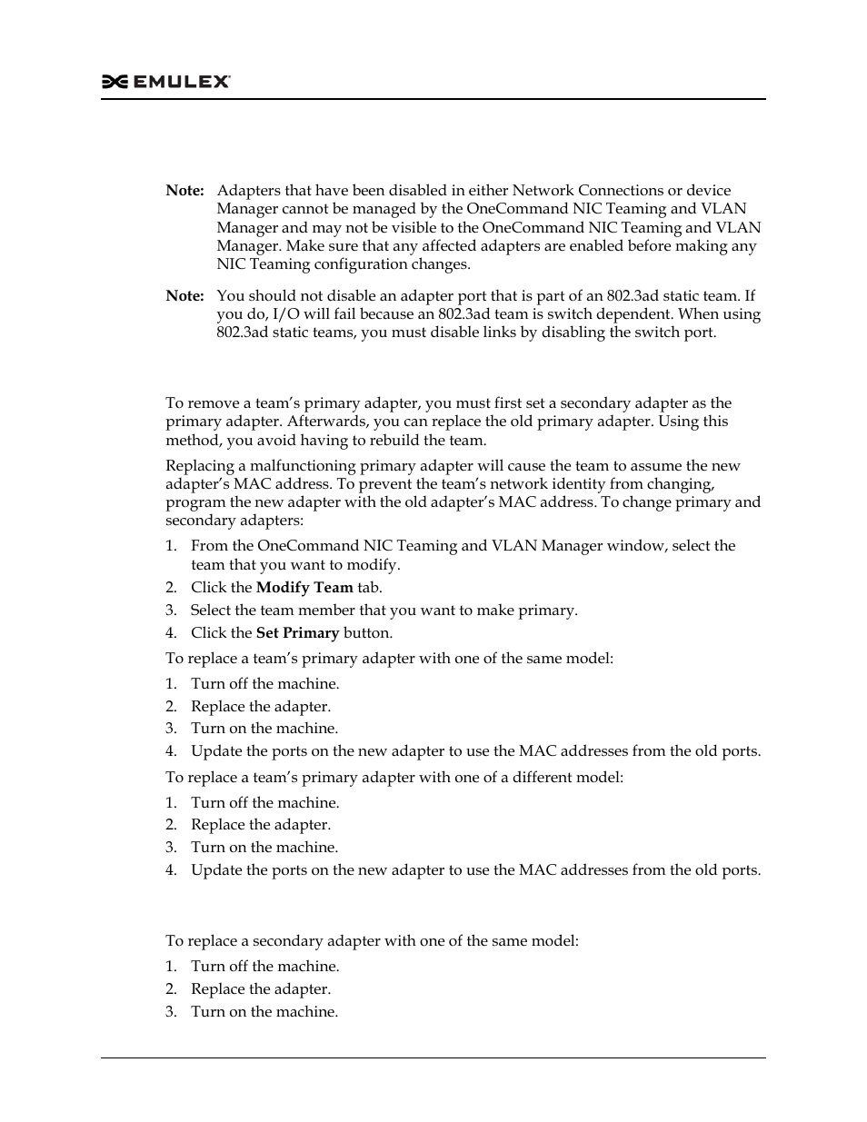 Replacing a team adapter, Replacing a primary adapter, Replacing a secondary adapter | Dell Emulex Family of Adapters User Manual | Page 770 / 1815