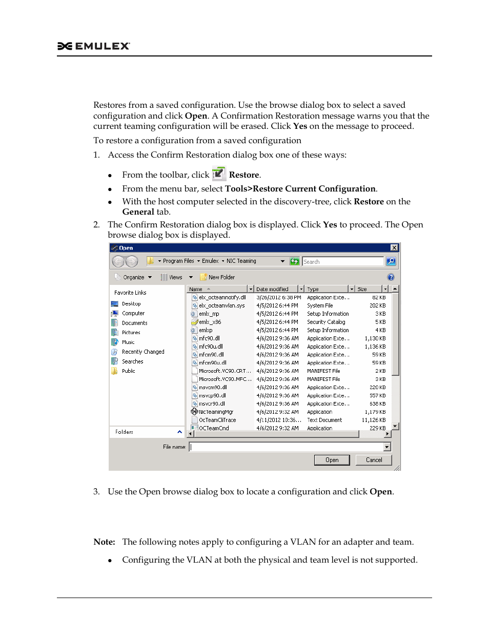 Restoring a configuration, Configuring a vlan, Restoring a configuration configuring a vlan | Figure 3-13 | Dell Emulex Family of Adapters User Manual | Page 773 / 1815