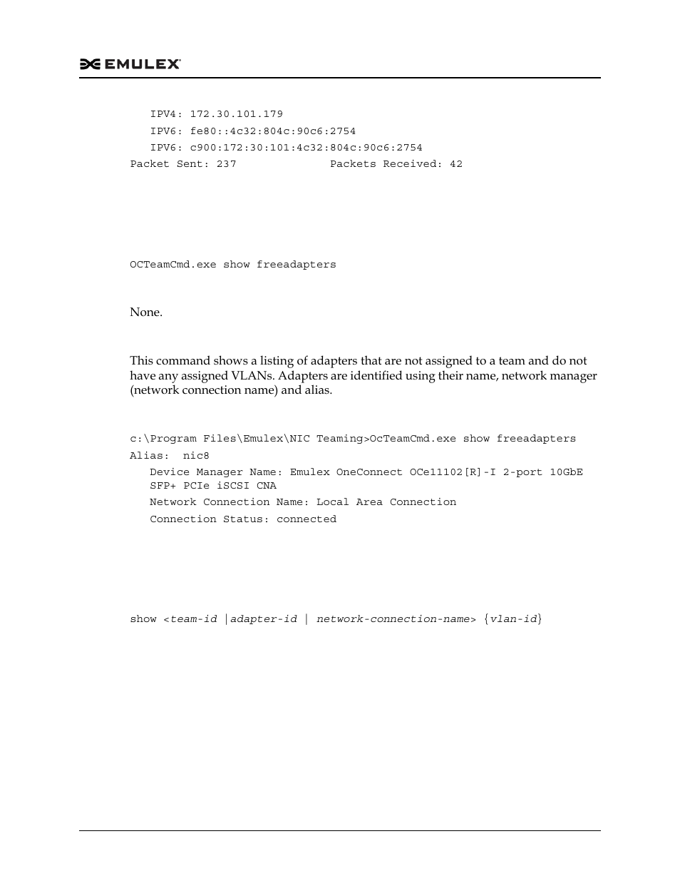 Showing free adapters, Showing team or adapter details | Dell Emulex Family of Adapters User Manual | Page 796 / 1815