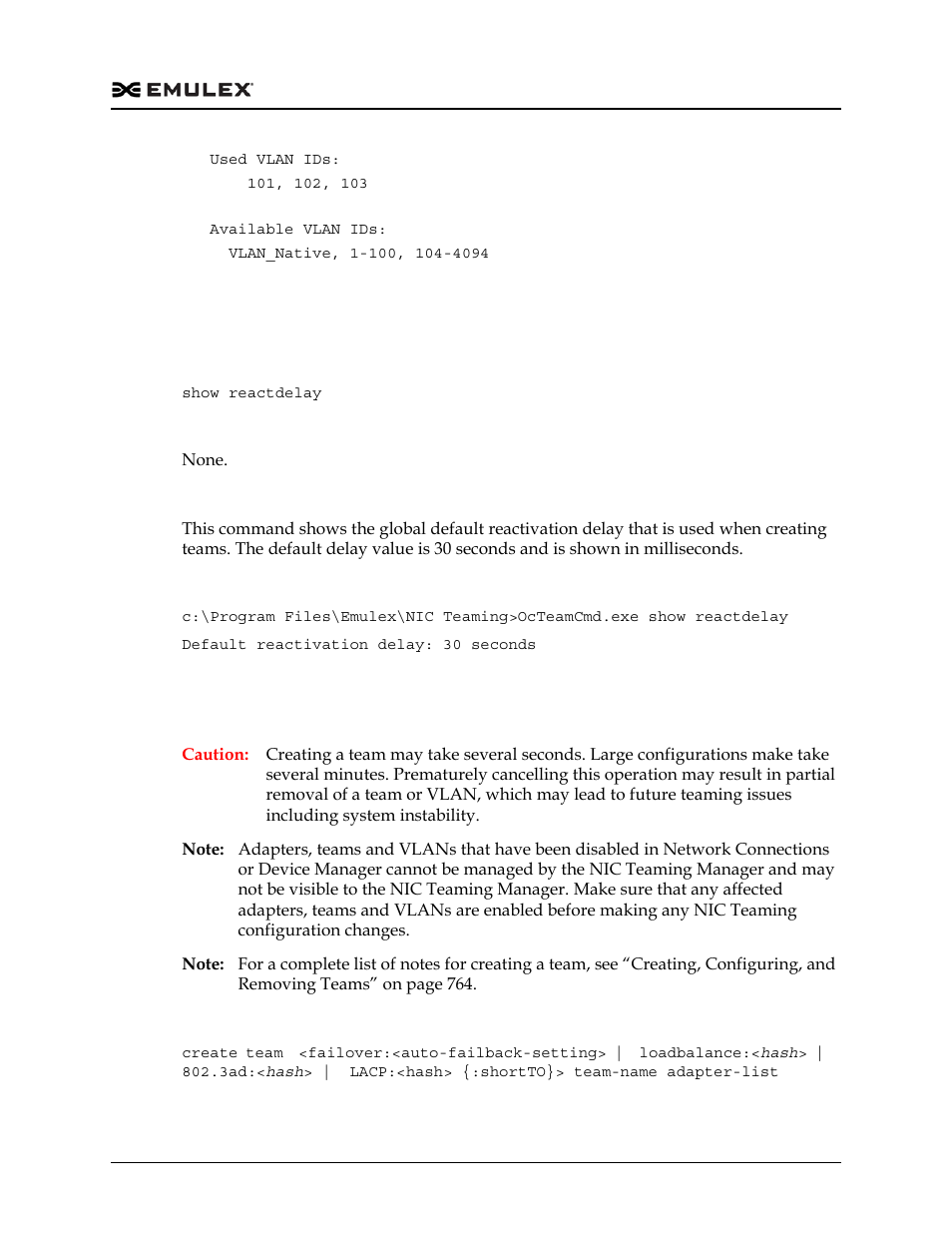 Showing the global reactivation delay default, Creating a team | Dell Emulex Family of Adapters User Manual | Page 798 / 1815