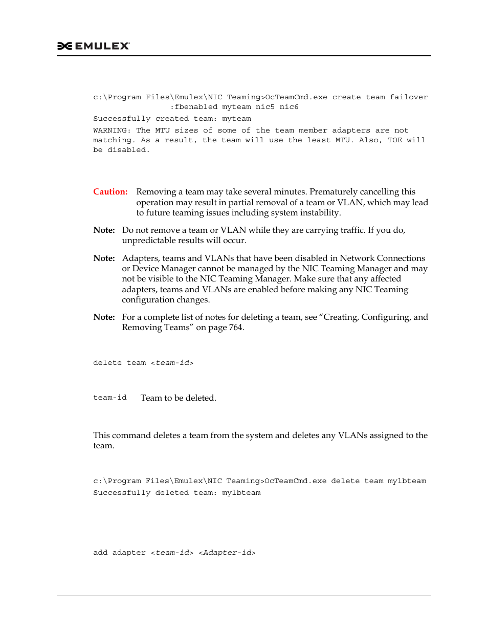 Deleting a team, Adding an adapter to a team | Dell Emulex Family of Adapters User Manual | Page 800 / 1815