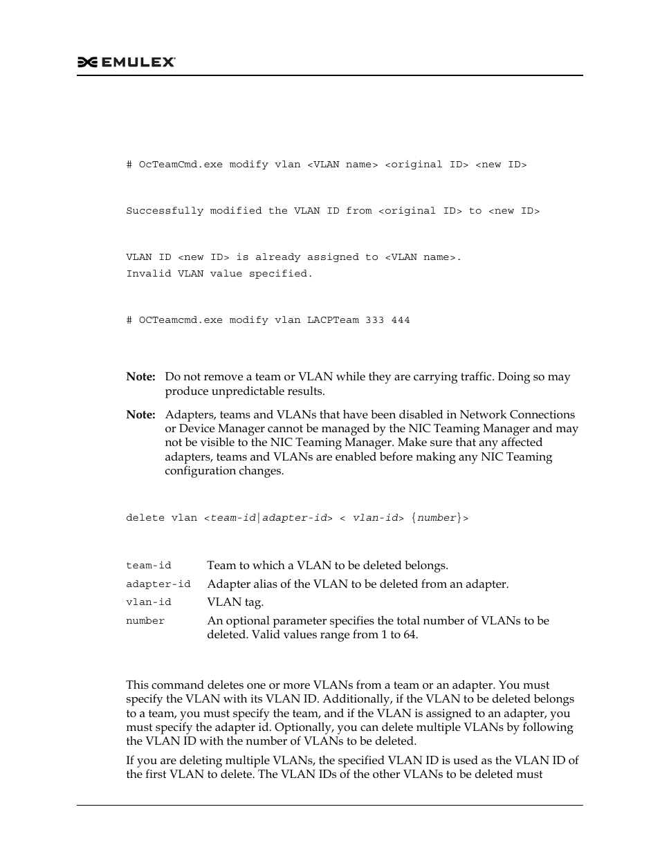 Modifying a vlan id, Deleting a vlan | Dell Emulex Family of Adapters User Manual | Page 804 / 1815