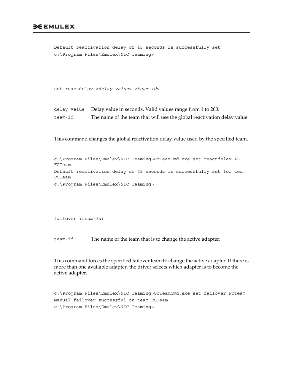 Setting the reactivation delay of an existing team, Forcing a team to failover | Dell Emulex Family of Adapters User Manual | Page 806 / 1815