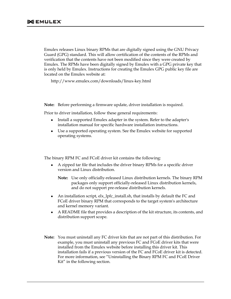 Installing and uninstalling, General installation requirements, Binary rpm fc and fcoe driver kit | Installing the binary rpm fc and fcoe driver kit | Dell Emulex Family of Adapters User Manual | Page 816 / 1815