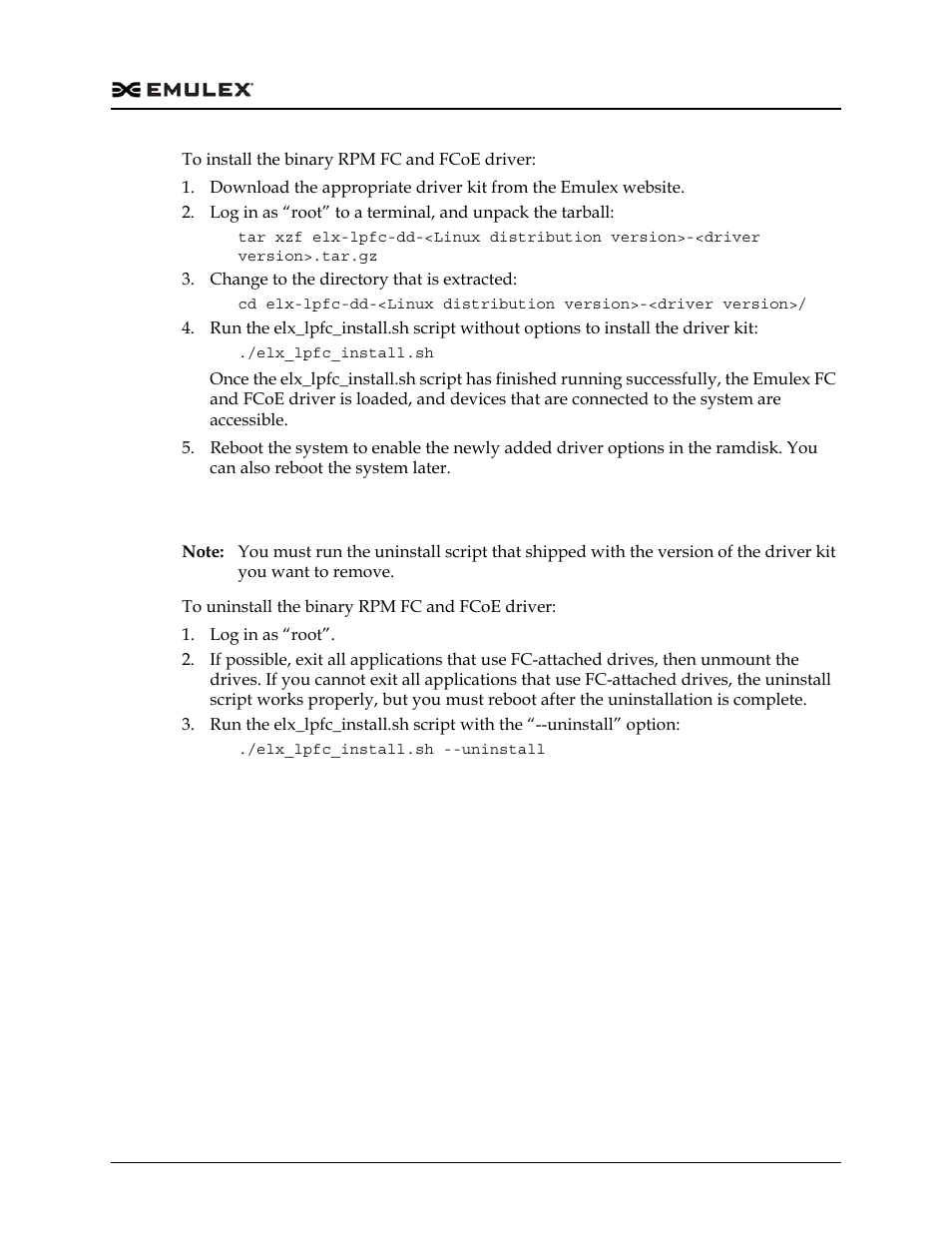 Uninstalling the binary rpm fc and fcoe driver kit | Dell Emulex Family of Adapters User Manual | Page 817 / 1815