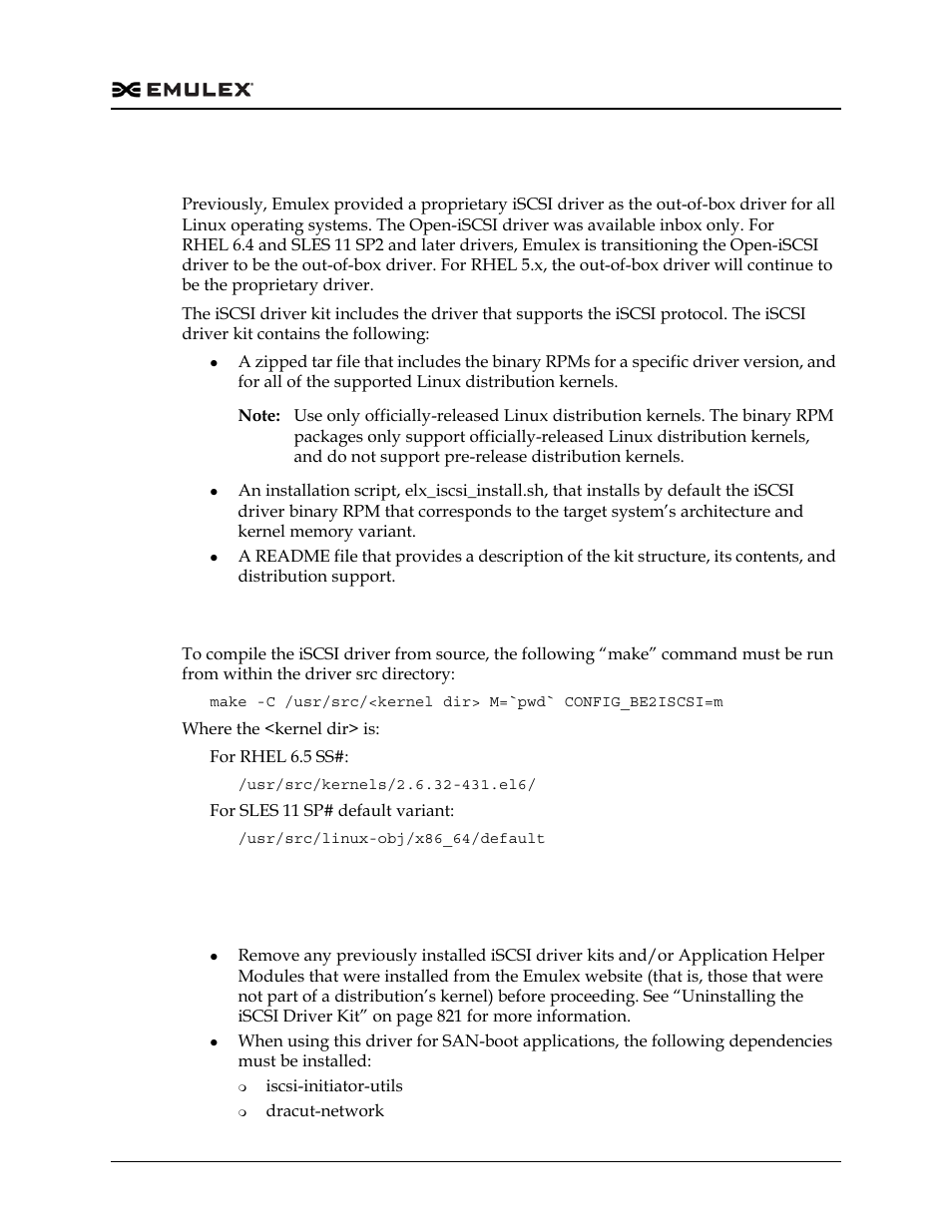 Iscsi driver kit, Compiling the iscsi driver, Installing the iscsi driver kit | Dell Emulex Family of Adapters User Manual | Page 820 / 1815