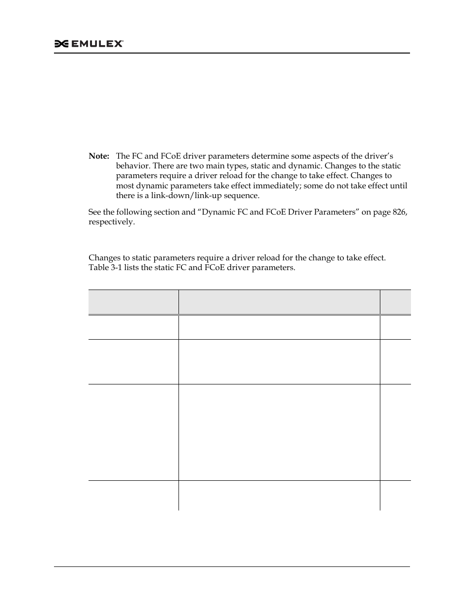 Configuration, Fc and fcoe driver configuration, Fc and fcoe driver parameters | Static fc and fcoe driver parameters, Table 3-1 | Dell Emulex Family of Adapters User Manual | Page 823 / 1815