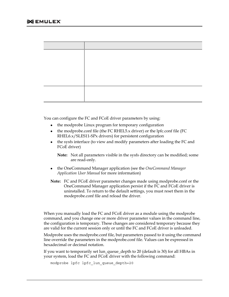 Configuring fc and fcoe driver parameters, Temporary configuration with modprobe | Dell Emulex Family of Adapters User Manual | Page 828 / 1815