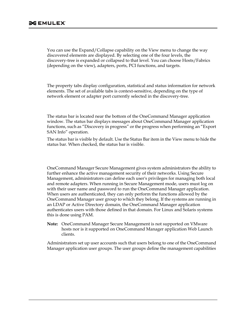 Expanding or collapsing the discovery-tree view, Property tabs, Status bar | Using onecommand manager secure management, Using onecommand manager, See “using onecommand | Dell Emulex Family of Adapters User Manual | Page 83 / 1815