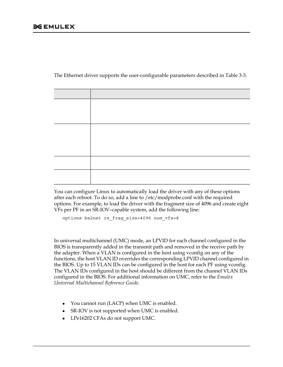 Ethernet driver configuration, Ethernet driver configuration parameters, Vlan support on umc | Table 3-3 | Dell Emulex Family of Adapters User Manual | Page 836 / 1815