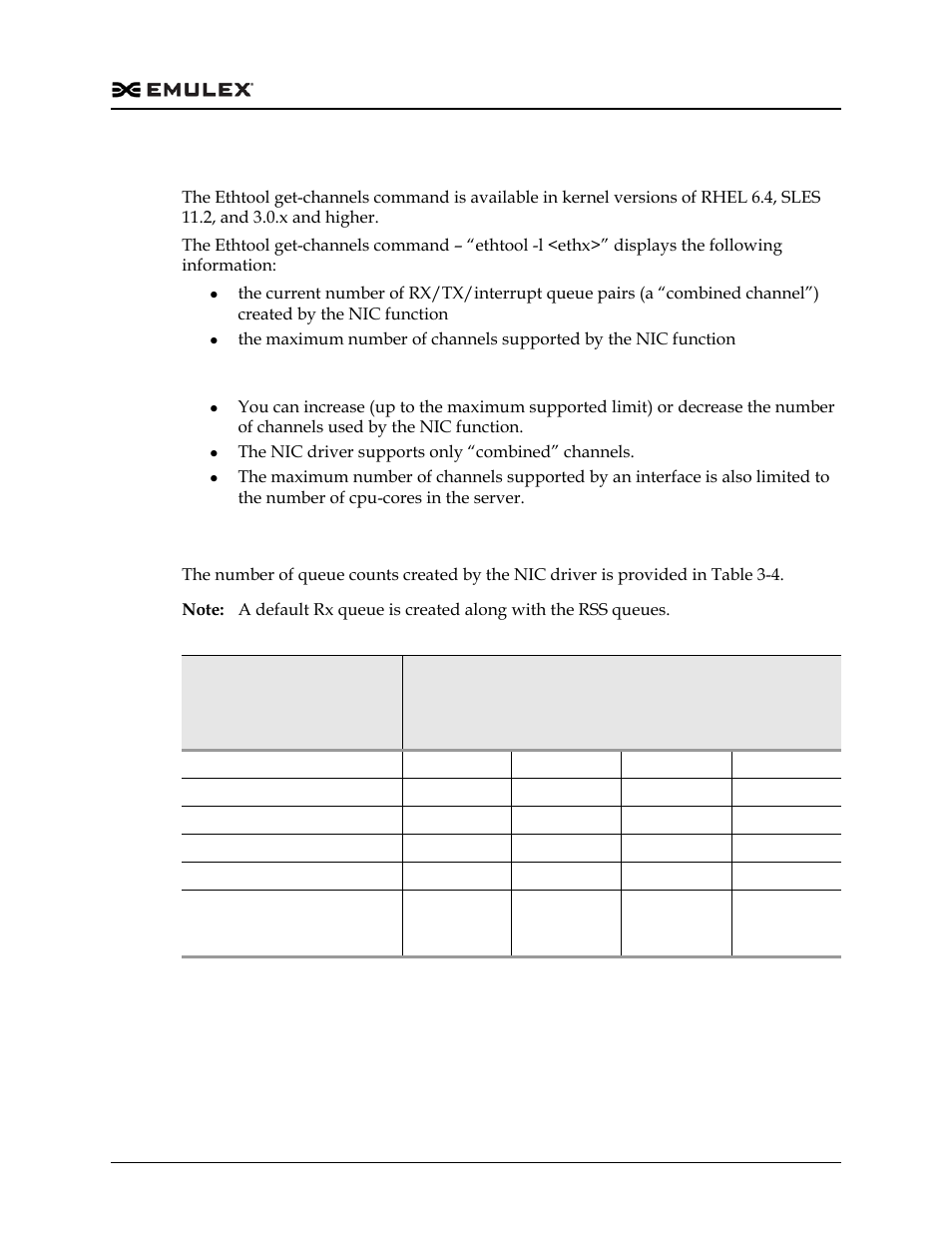 Support for ethtool set/get-channels, Transmit/receive queue counts, Table 3-4 | Dell Emulex Family of Adapters User Manual | Page 837 / 1815