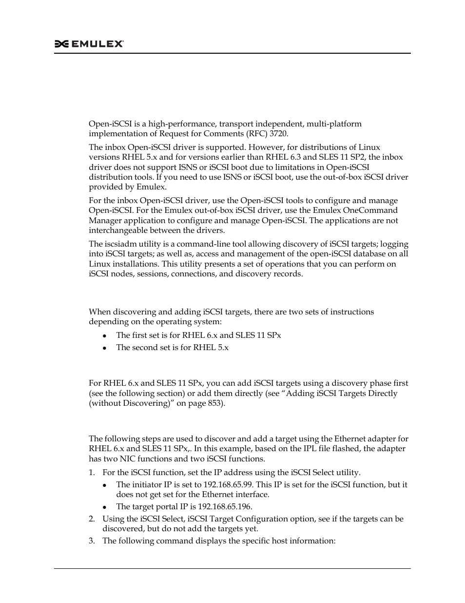 Iscsi driver configuration, Open-iscsi support, Discovering and adding iscsi targets | Rhel 6.x and sles 11 spx | Dell Emulex Family of Adapters User Manual | Page 849 / 1815