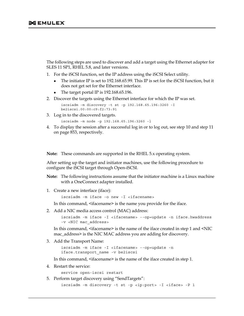 Sles 11 sp1, rhel 5.8, and later versions, Discovering and adding iscsi targets, Iscsiadm commands for configuring the target | Dell Emulex Family of Adapters User Manual | Page 854 / 1815