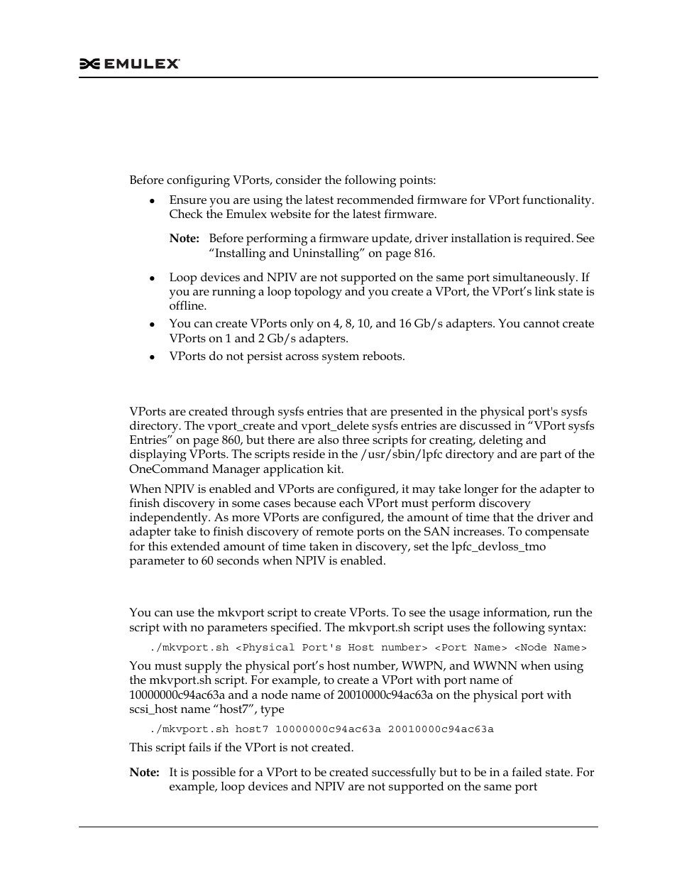 Virtual port (vport) configuration, Vport configuration prerequisites, Creating, deleting, and displaying vports | Creating vports using the mkvport.sh script | Dell Emulex Family of Adapters User Manual | Page 857 / 1815