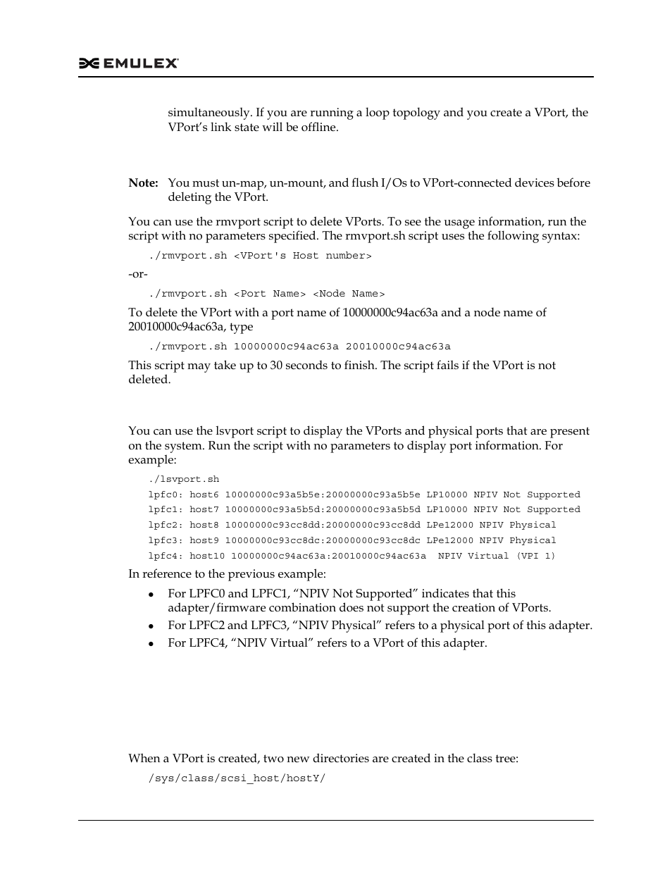 Deleting vports using the rmvport.sh script, Displaying vports using the lsvport.sh script, Vport sysfs | Vport sysfs tree | Dell Emulex Family of Adapters User Manual | Page 858 / 1815