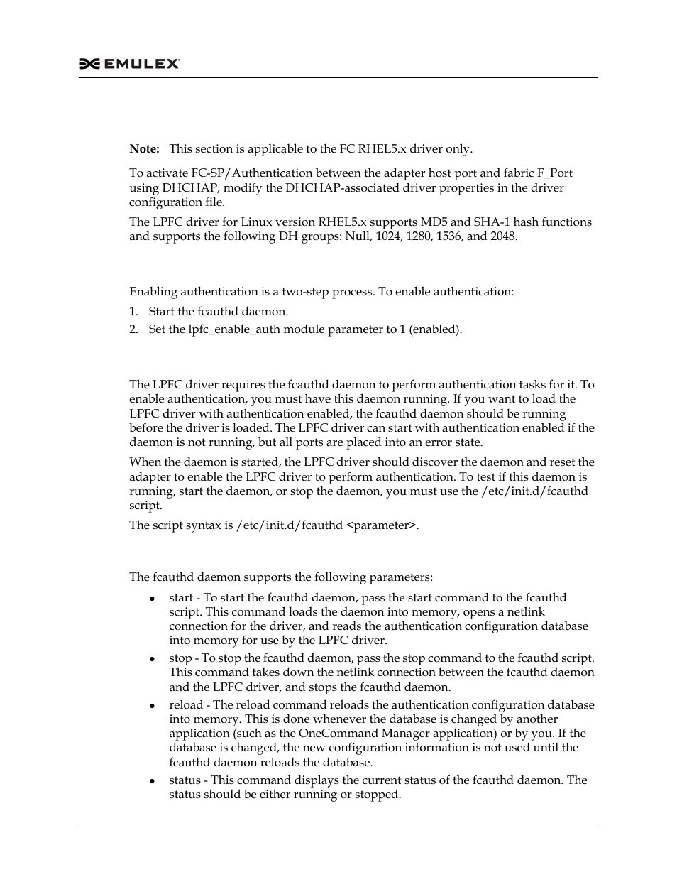 Dhchap authentication and configuration, Enabling authentication, Fcauthd daemon | Fcauthd daemon parameters | Dell Emulex Family of Adapters User Manual | Page 864 / 1815