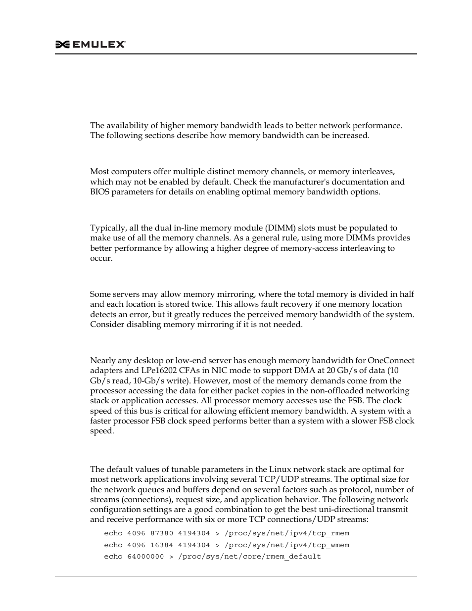 Network performance tuning, Memory bandwidth considerations, Enabling optimal bandwidth options | Populate dimm slots, Disabling memory mirroring, Network memory limits | Dell Emulex Family of Adapters User Manual | Page 868 / 1815