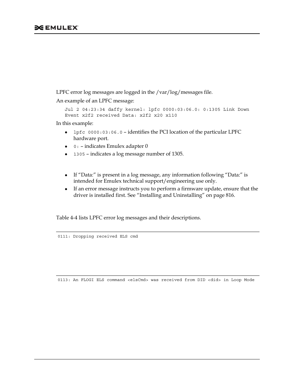 Log messages, Fc and fcoe driver log messages, Retrieving fc and fcoe driver log messages | Lpfc error log messages and their descriptions, Table 4-4 | Dell Emulex Family of Adapters User Manual | Page 880 / 1815