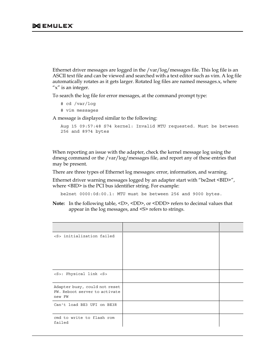 Ethernet driver log messages, Retrieving ethernet driver log messages, Table 4-5 | Dell Emulex Family of Adapters User Manual | Page 957 / 1815