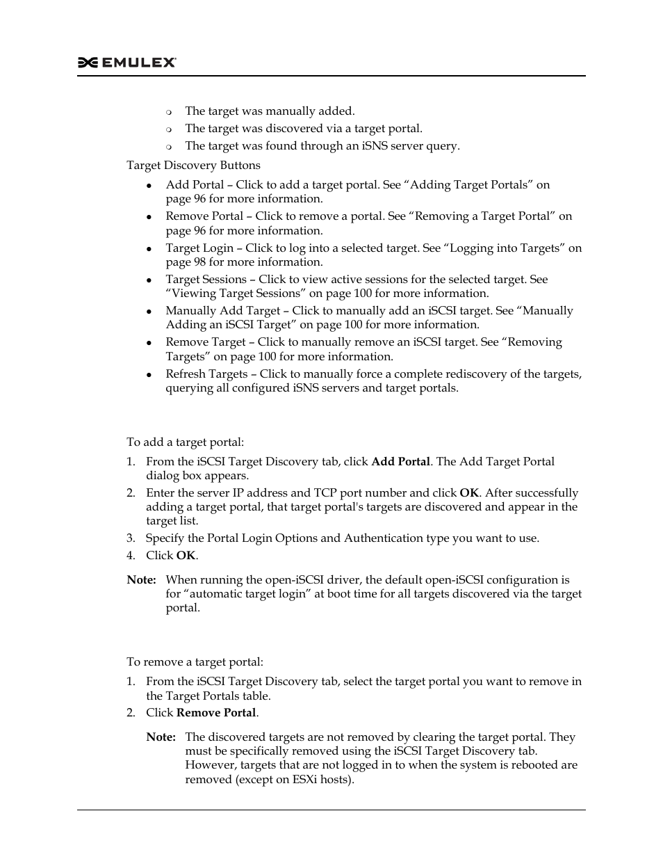 Adding target portals, Removing a target portal | Dell Emulex Family of Adapters User Manual | Page 96 / 1815