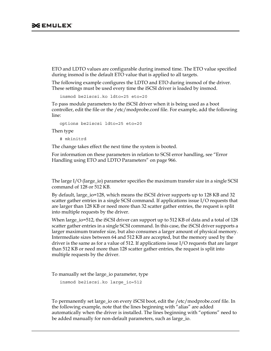 Configuring the iscsi driver parameters, Configuring the eto and ldto parameters, Configuring the large_io parameter | Dell Emulex Family of Adapters User Manual | Page 964 / 1815