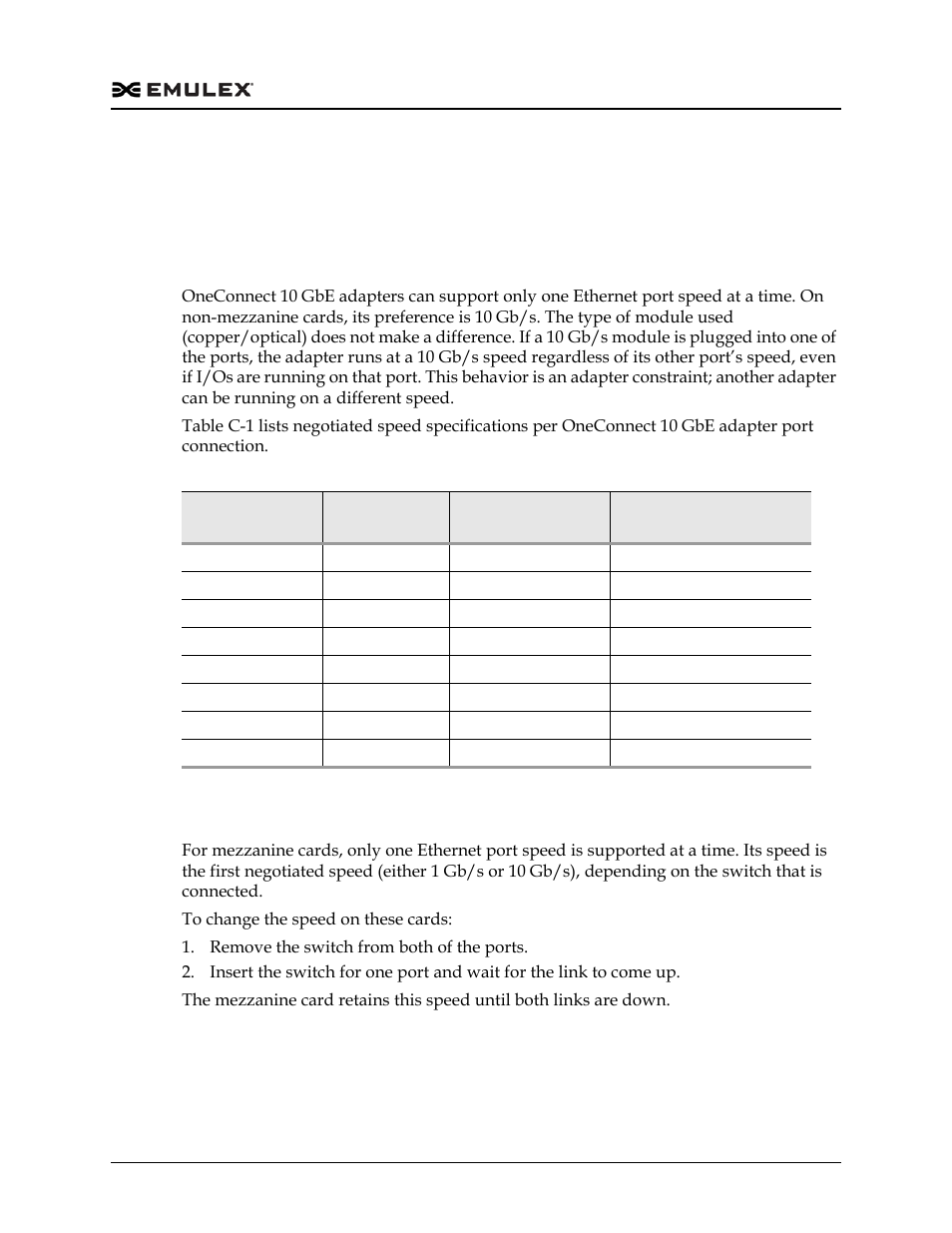 Port speed negotiation on non-mezzanine cards, Port speed on mezzanine cards, Table c-1 | Dell Emulex Family of Adapters User Manual | Page 973 / 1815