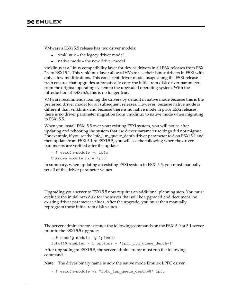 Preparing to upgrade to esxi 5.5, Fc and fcoe driver example, Driver parameters migration when | Dell Emulex Family of Adapters User Manual | Page 992 / 1815