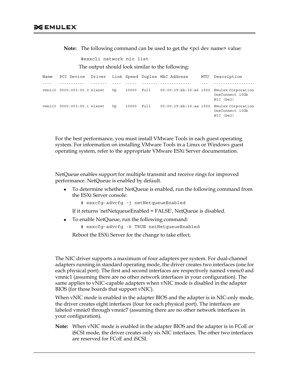 Virtualization support, Netqueue support, How an esxi server creates and names interfaces | Dell Emulex Family of Adapters User Manual | Page 997 / 1815