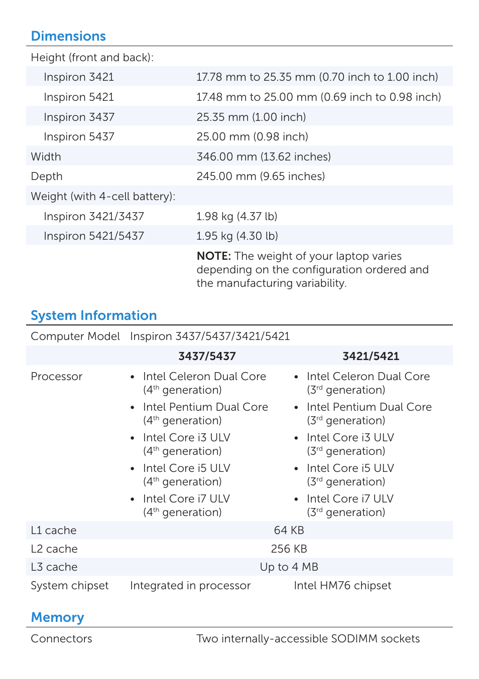 Dimensions, System information | Dell Inspiron 14R (5437, Mid 2013) User Manual | Page 2 / 7