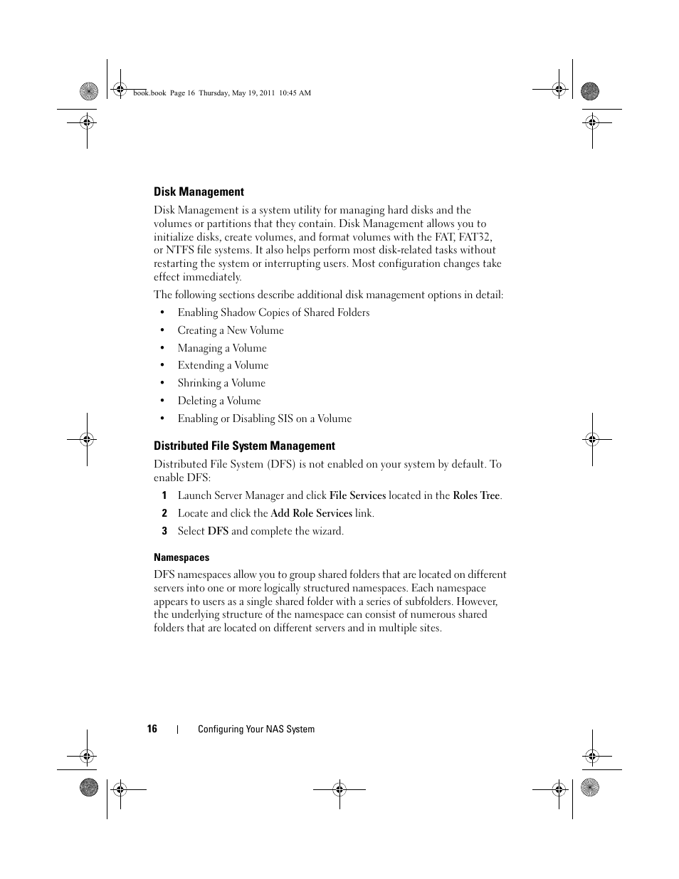 Disk management, Distributed file system management | Dell PowerVault NX300 User Manual | Page 16 / 50