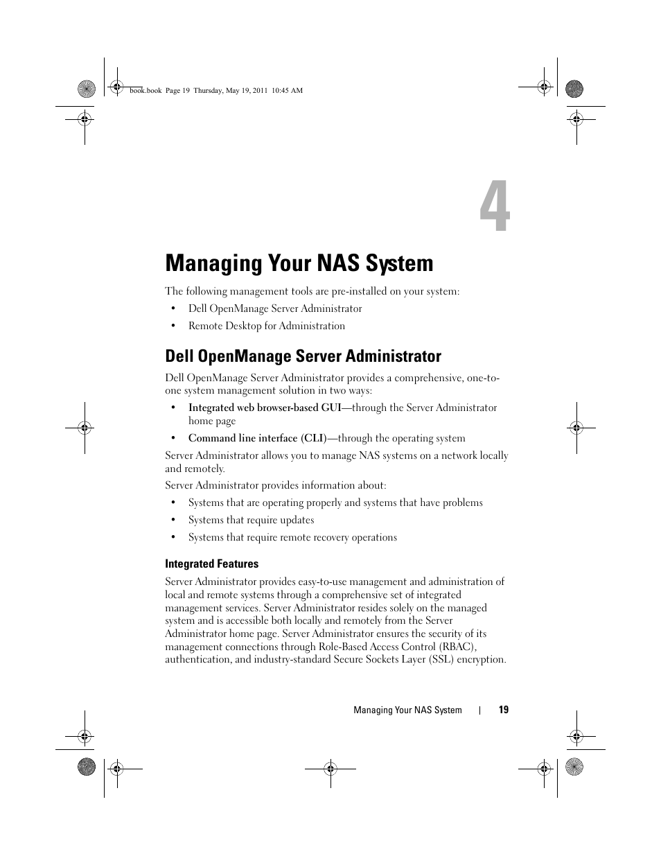 Managing your nas system, Dell openmanage server administrator, Integrated features | Dell PowerVault NX300 User Manual | Page 19 / 50