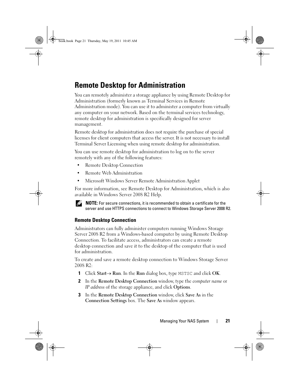 Remote desktop for administration, Remote desktop connection | Dell PowerVault NX300 User Manual | Page 21 / 50