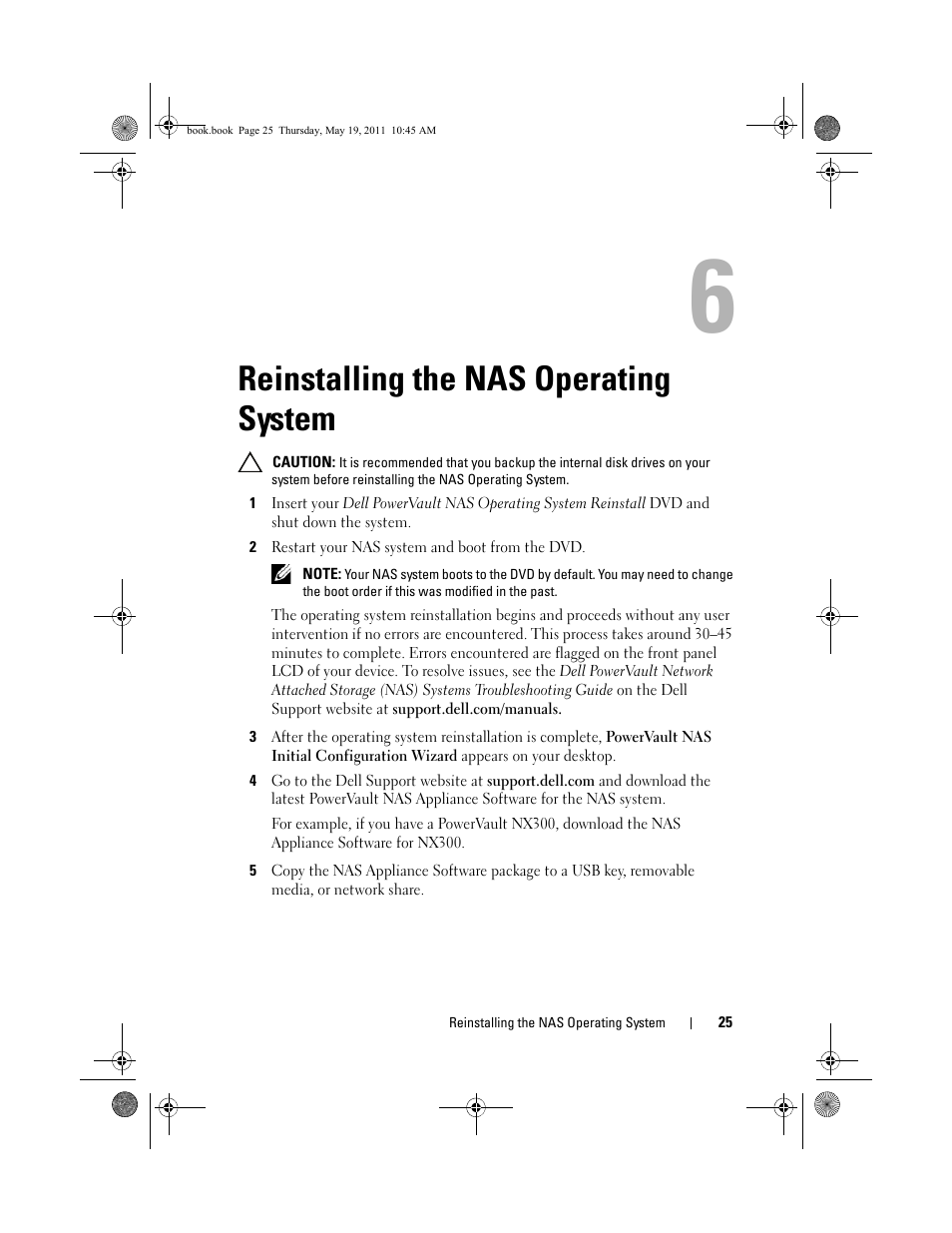 Reinstalling the nas operating system, Reinstalling the nas operating, System | Dell PowerVault NX300 User Manual | Page 25 / 50