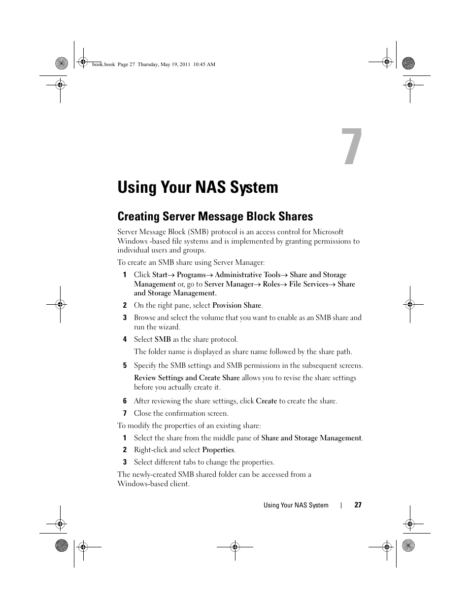 Using your nas system, Creating server message block shares, Creating server message | Dell PowerVault NX300 User Manual | Page 27 / 50