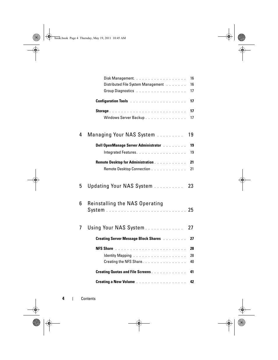 4 managing your nas system, 5 updating your nas system, 23 6 reinstalling the nas operating system | 25 7 using your nas system | Dell PowerVault NX300 User Manual | Page 4 / 50