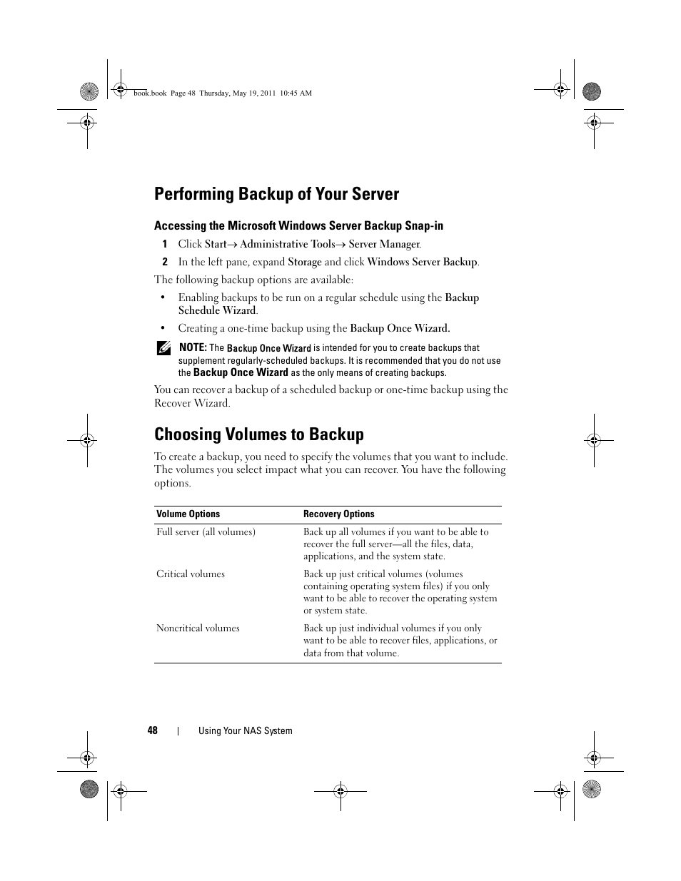 Performing backup of your server, Choosing volumes to backup, Accessing the microsoft windows server | Backup snap-in | Dell PowerVault NX300 User Manual | Page 48 / 50