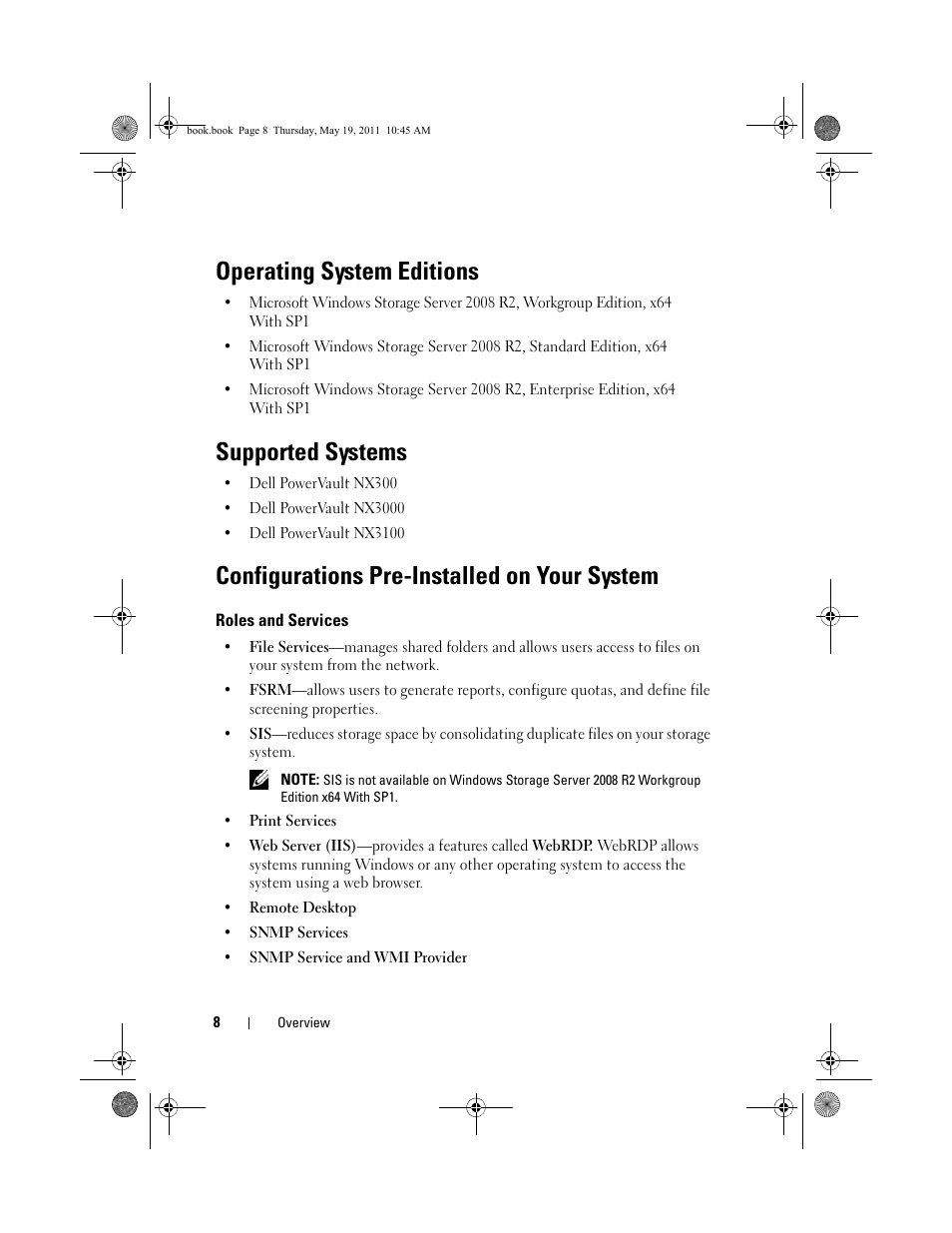 Operating system editions, Supported systems, Configurations pre-installed on your system | Roles and services | Dell PowerVault NX300 User Manual | Page 8 / 50