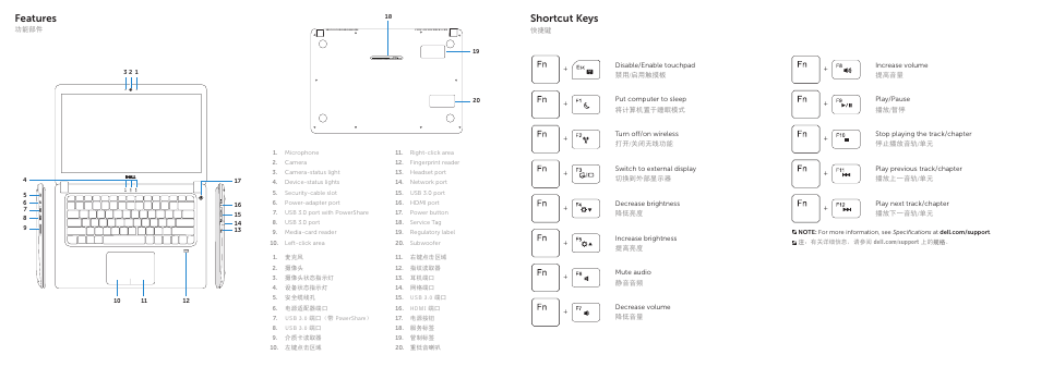 Features, Shortcut keys | Dell Inspiron 14 (5439, Late 2013) User Manual | Page 2 / 2