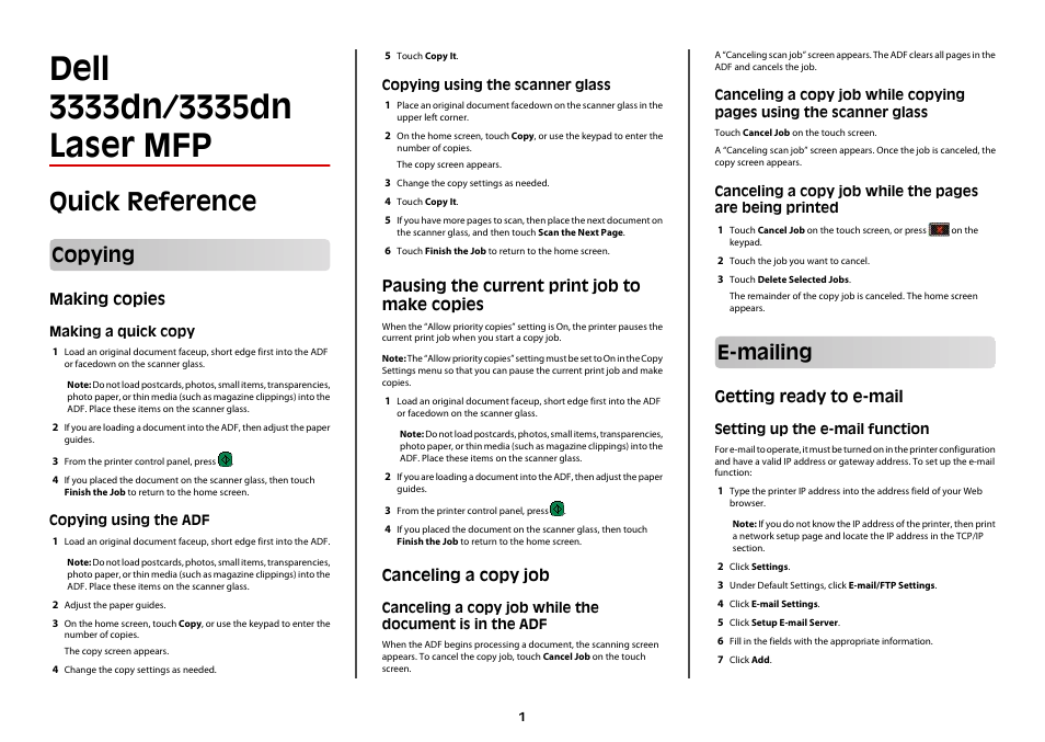 Dell 3333/3335dn Mono Laser Printer User Manual | 4 pages