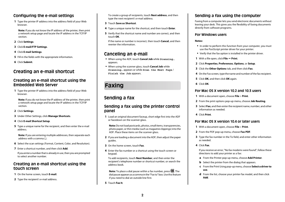 Configuring the e-mail settings, Creating an e-mail shortcut, Creating an e-mail shortcut using the touch screen | Canceling an e-mail, Faxing, Sending a fax, Sending a fax using the printer control panel, Sending a fax using the computer | Dell 3333/3335dn Mono Laser Printer User Manual | Page 2 / 4