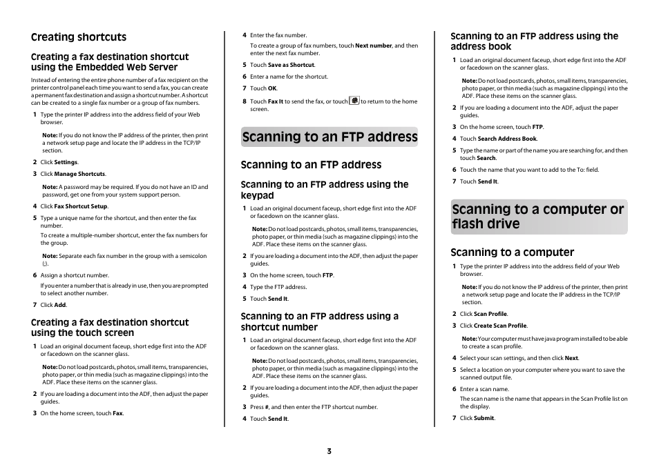 Creating shortcuts, Scanning to an ftp address, Scanning to an ftp address using the keypad | Scanning to an ftp address using a shortcut number, Scanning to an ftp address using the address book, Scanning to a computer or flash drive, Scanning to a computer | Dell 3333/3335dn Mono Laser Printer User Manual | Page 3 / 4