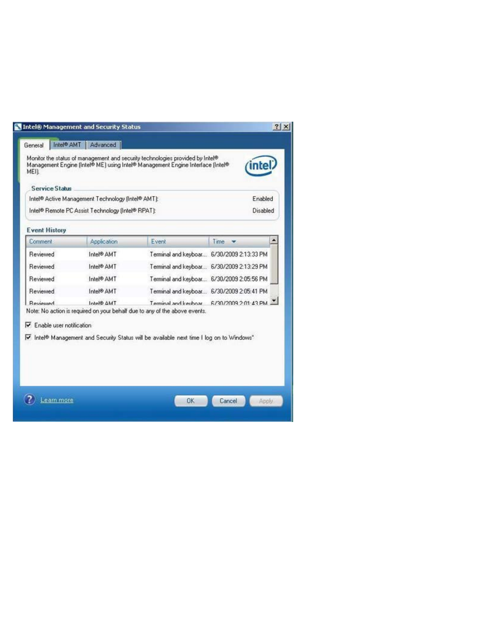 Intel management and security status, Application, Intel management and security status application | Dell Latitude E6320 (Early 2011) User Manual | Page 104 / 107