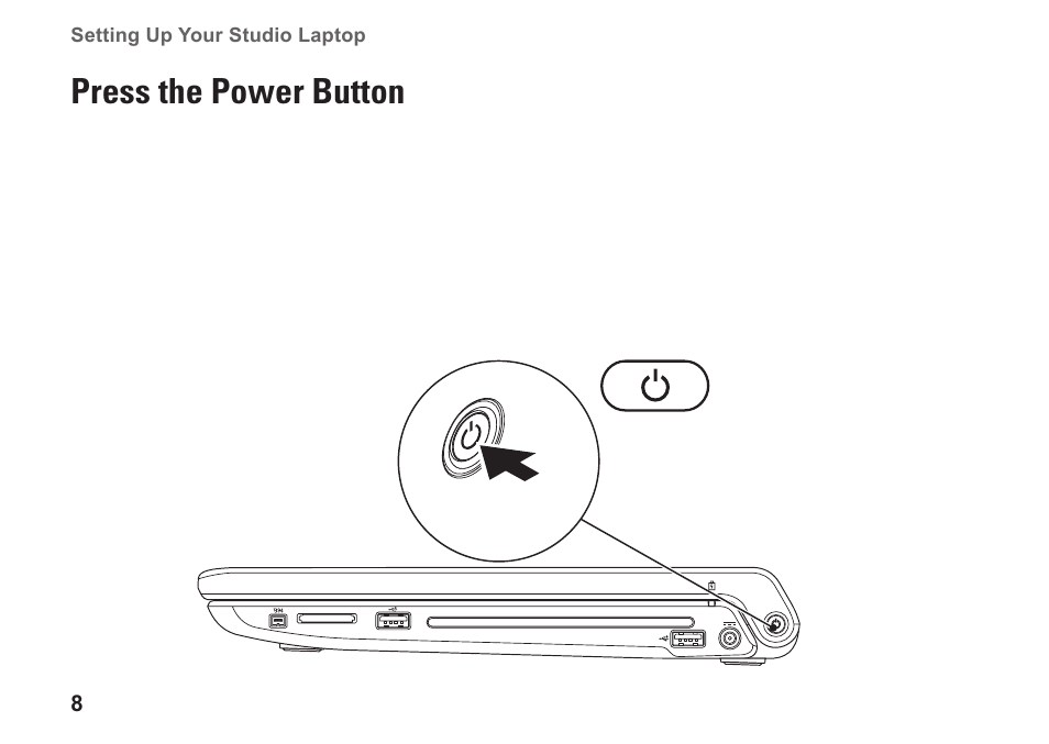 Press the power button | Dell Studio 1745 (Mid 2009) User Manual | Page 10 / 96