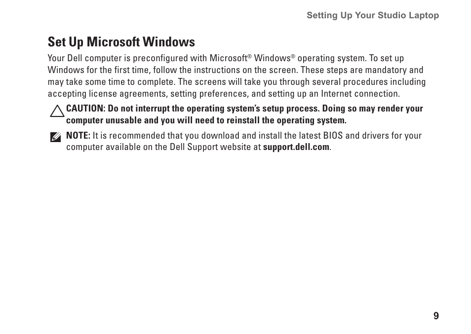 Set up microsoft windows | Dell Studio 1745 (Mid 2009) User Manual | Page 11 / 96