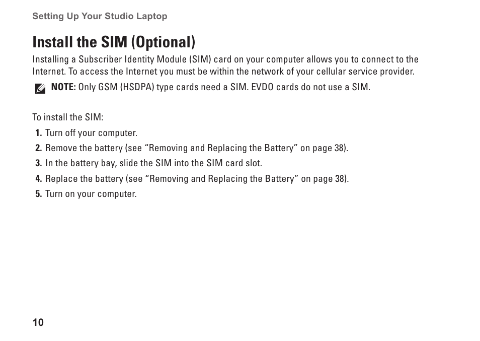 Install the sim (optional) | Dell Studio 1745 (Mid 2009) User Manual | Page 12 / 96
