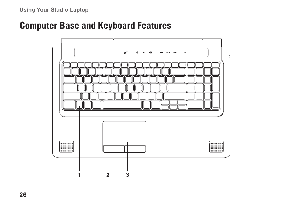 Computer base and keyboard features, Computer base and keyboard, Features | Dell Studio 1745 (Mid 2009) User Manual | Page 28 / 96